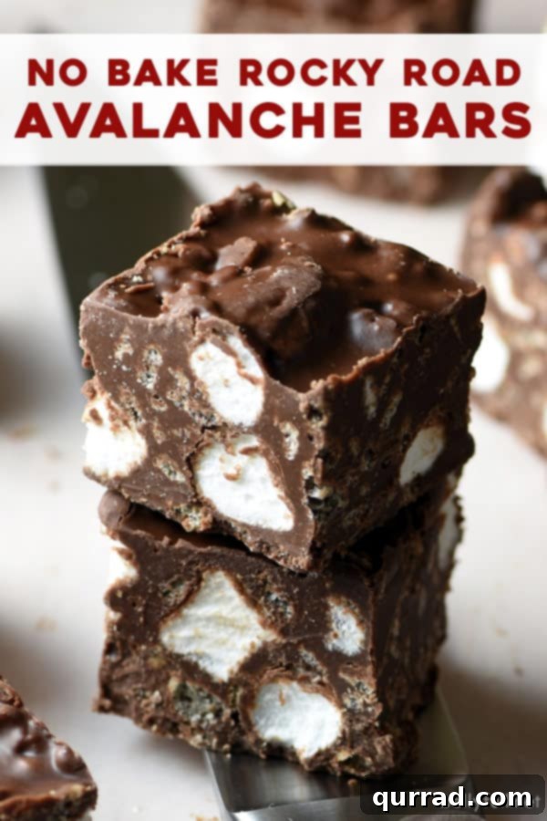 Loaded No-Bake Rocky Road Bars 6 pin for avalanche bars, a vertical image designed for Pinterest