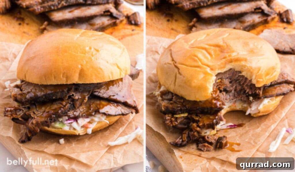 Delicious barbecue brisket slices served on soft buns, accompanied by a refreshing side of coleslaw, creating the ultimate BBQ sandwich.
