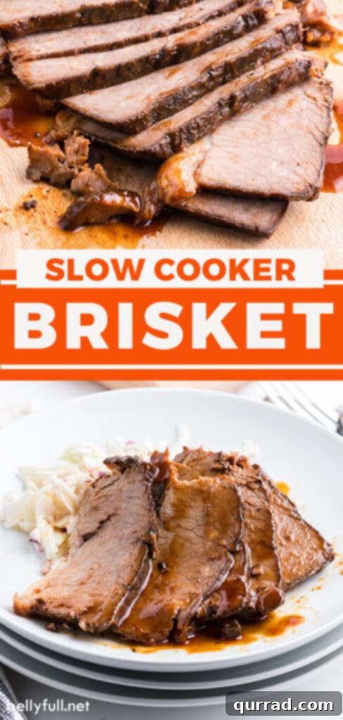 Pinterest pin graphic for slow cooker brisket recipe, featuring a mouthwatering image of the tender beef