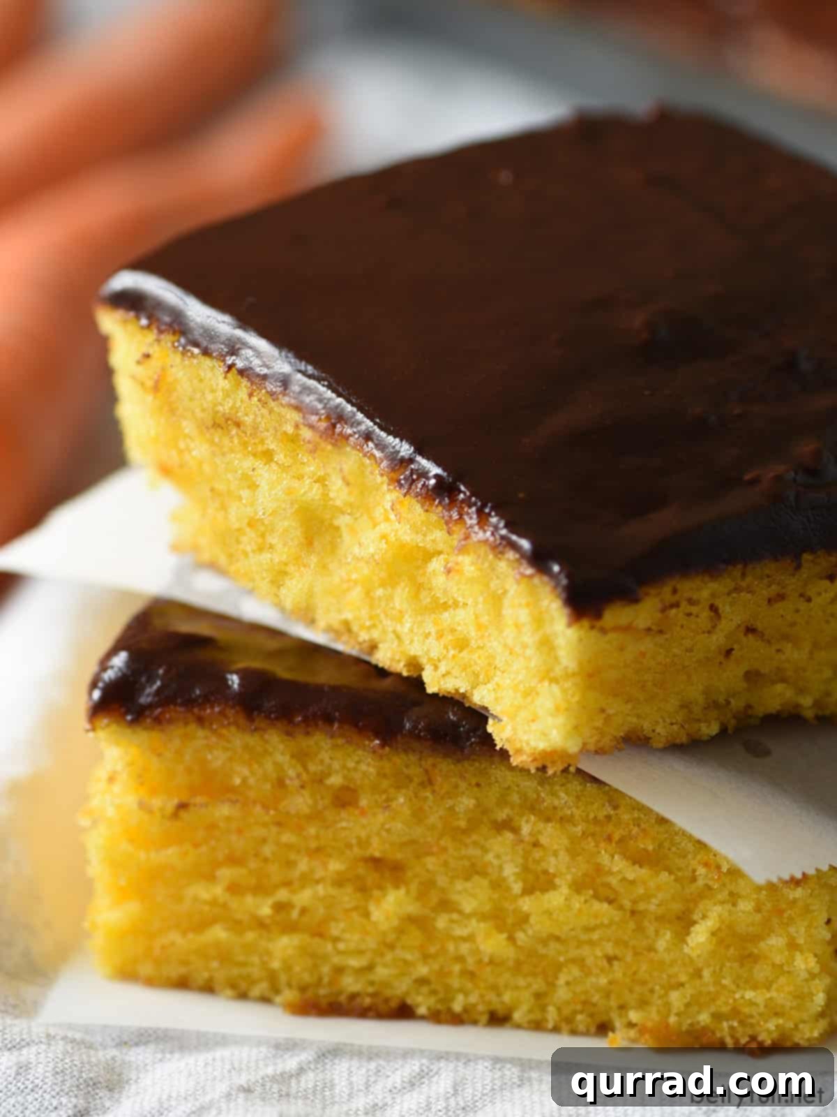 Tropical Carrot Cake 2 two slices of Brazilian carrot cake stacked with chocolate icing