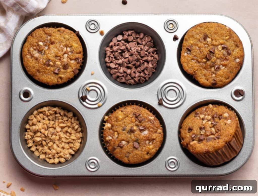 Morning Banana Bliss 3 6 slot muffin tin filled with baked muffins and ingredients