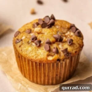 Morning Banana Bliss 5 close up banana bread muffin topped with chocolate chips