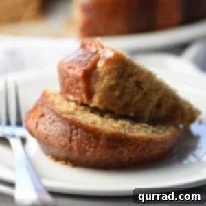Two slices of cinnamon cake, stacked gracefully on a white plate, showcasing its golden crumb and inviting texture.
