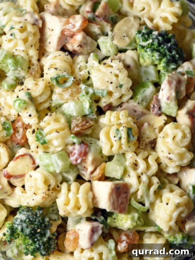 Hearty Chicken and Broccoli Pasta Salad 5 A close-up view of the Chicken Broccoli Pasta Salad, showcasing the well-coated pasta, tender chicken, and vibrant broccoli florets.