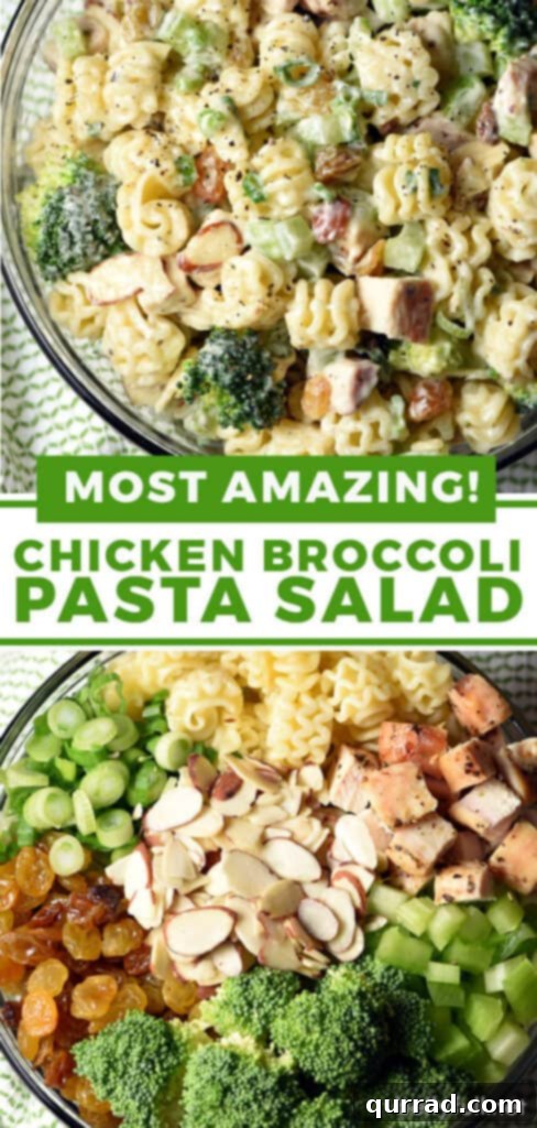 Hearty Chicken and Broccoli Pasta Salad 7 Vertical pin image for Chicken Broccoli Pasta Salad, featuring the finished dish in a serving bowl with fresh parsley.