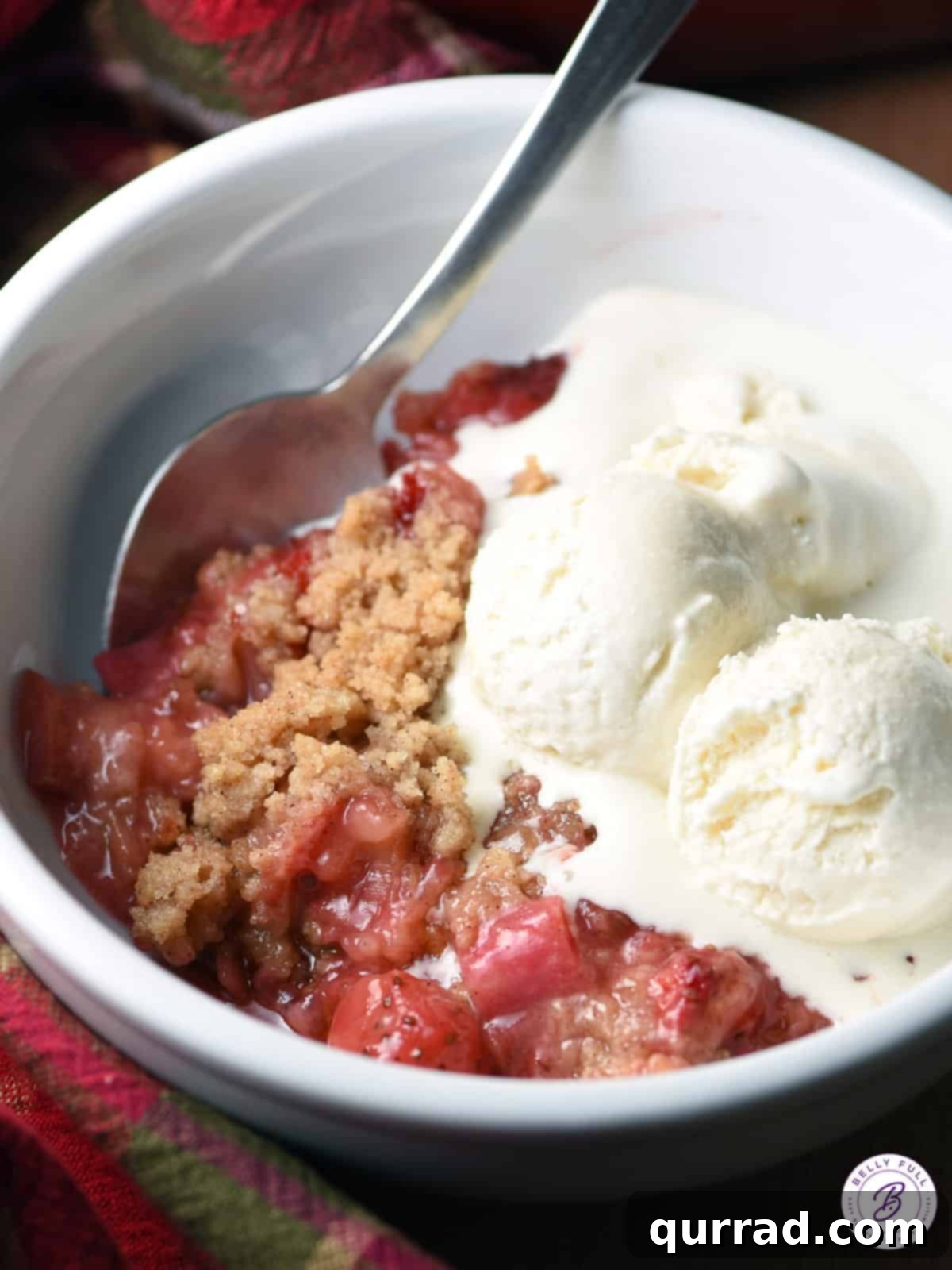 Rustic Strawberry Rhubarb Crumble 4 Warm Strawberry Rhubarb Crumble served with a scoop of vanilla ice cream in a white bowl