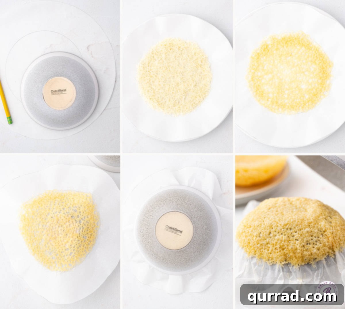 Edible Parmesan Bowls 4 A step-by-step visual guide demonstrating the process of making an edible cheese bowl, starting from spreading grated cheese on parchment paper, through microwaving, and finally shaping it over an inverted bowl to achieve its final form.