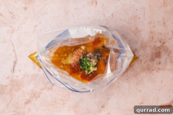 All ingredients for the Thai marinade gathered in a plastic bag, ready to be shaken.