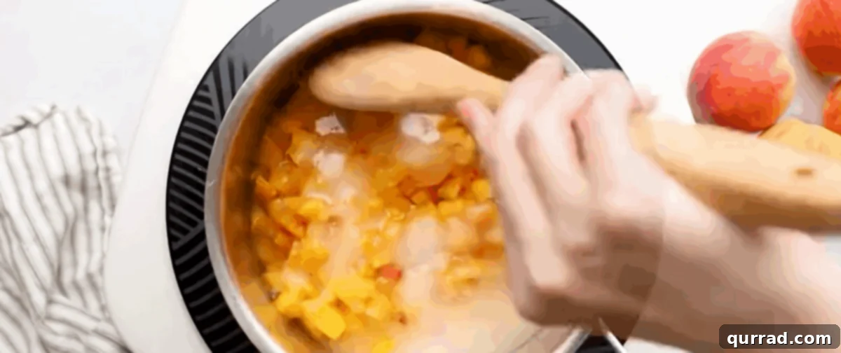 Golden Summer Peach Preserve 4 Freshly diced peaches, sugar, lemon juice, vanilla, and water being stirred together in a pot on the stovetop, just before boiling.