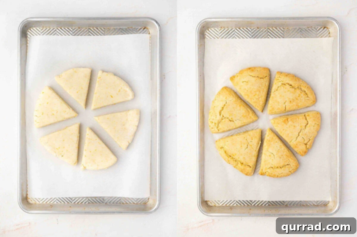 Scones Before and After Baking A comparison of unbaked and baked orange creamsicle scones on a baking sheet