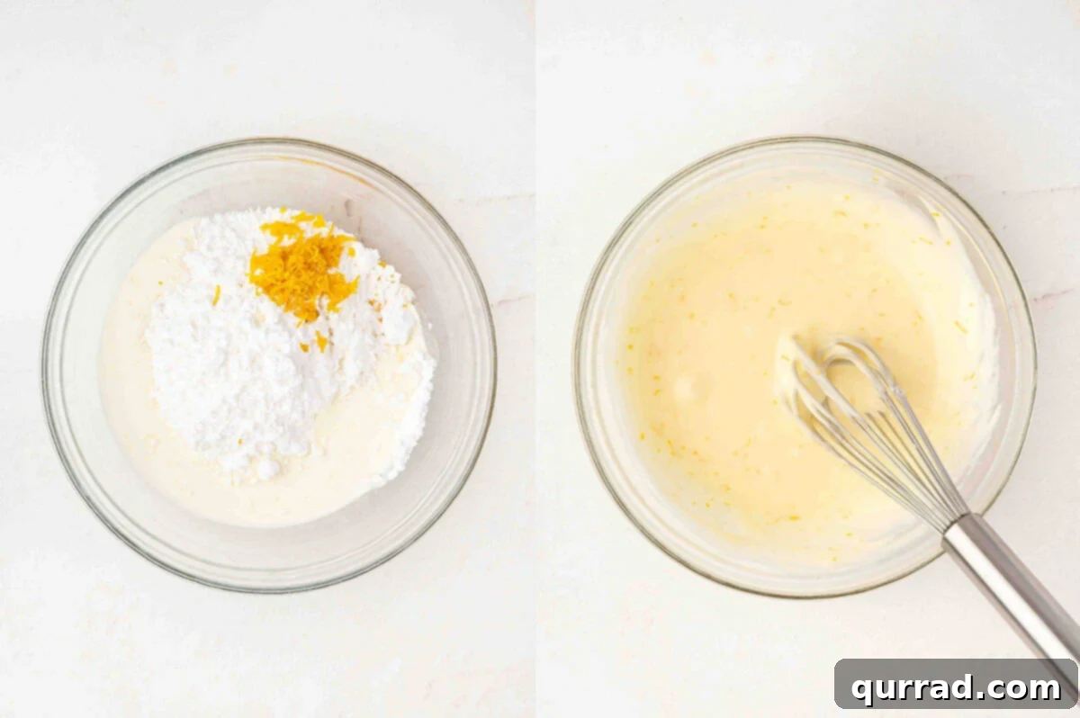 Preparing the Vibrant Orange Glaze Whisking together powdered sugar, heavy cream, orange juice, and orange zest for the glaze