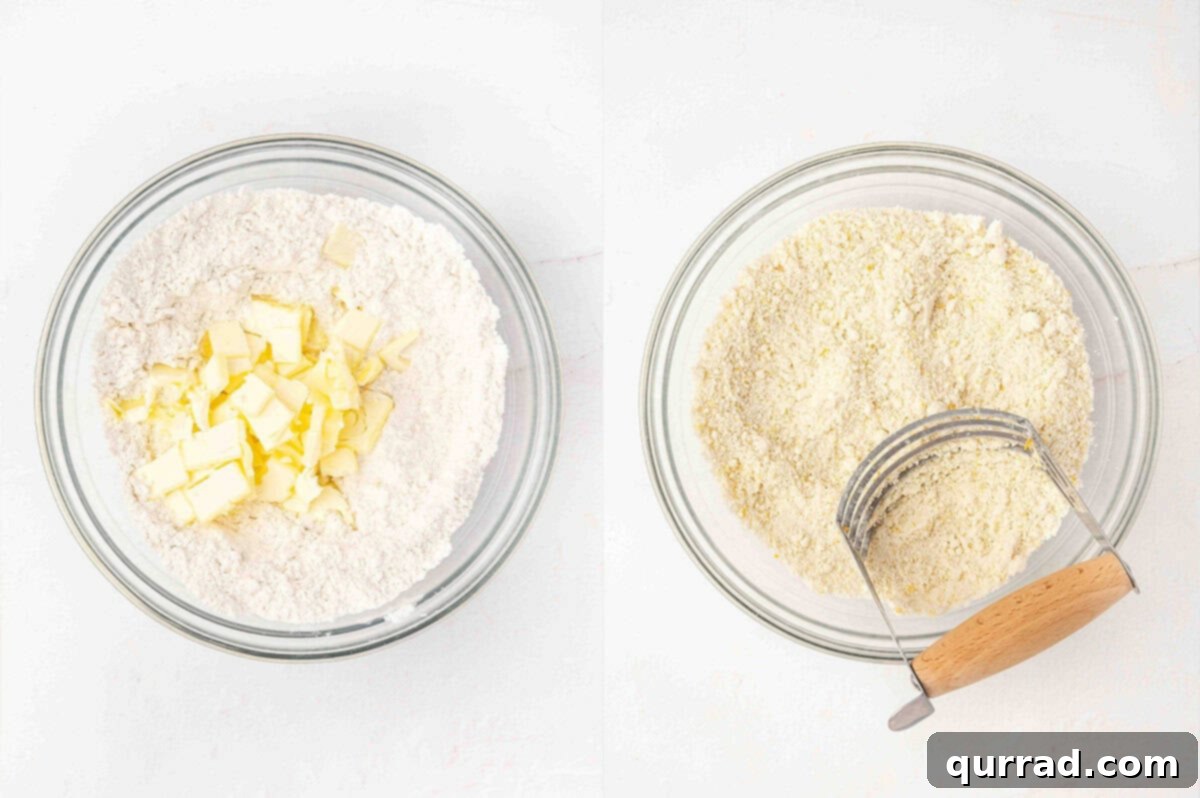 Cutting Cold Butter into Scone Dough A pastry blender cutting cold butter into the dry scone ingredients, creating a crumbly mixture
