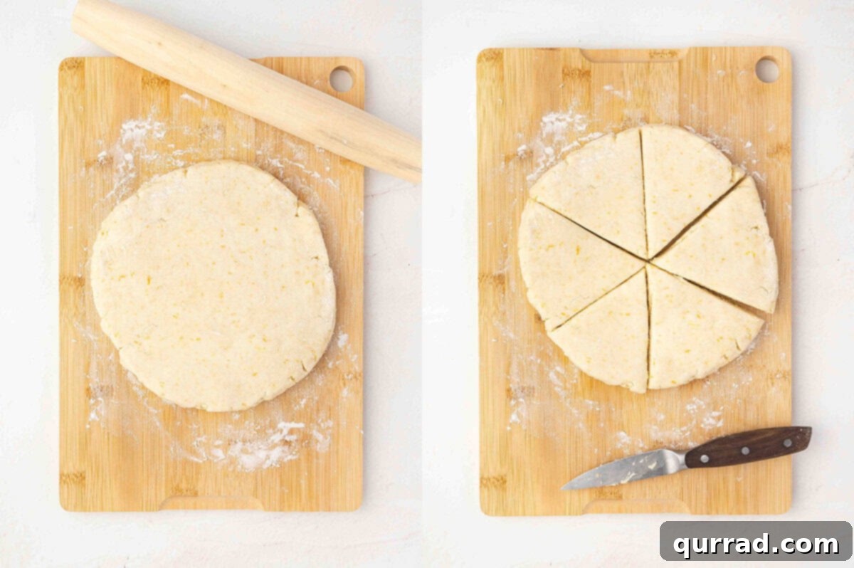 Shaping and Cutting Scone Triangles Scone dough being patted into a circle on a floured surface and then cut into triangles