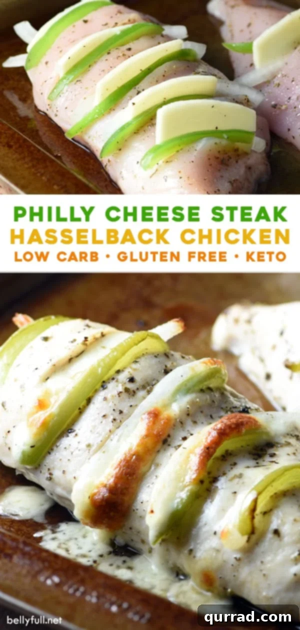 Loaded Hasselback Chicken Philly Cheesesteak 5 Long Pinterest-friendly image of Philly Cheese Steak Hasselback Chicken, emphasizing its healthy, low-carb nature.