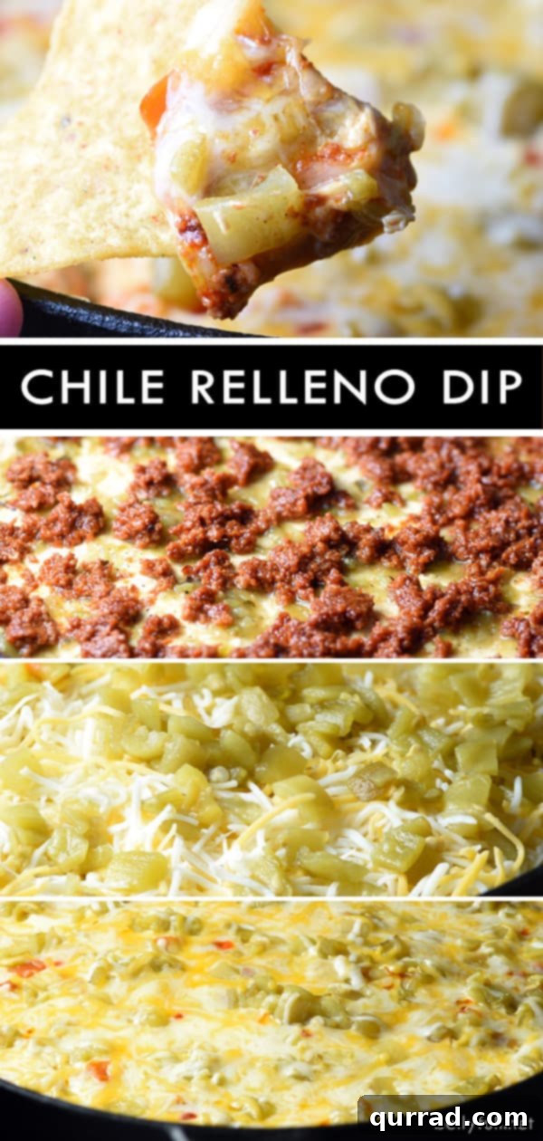 A step-by-step collage showing the process of making Chile Relleno Dip, from ingredients to finished product