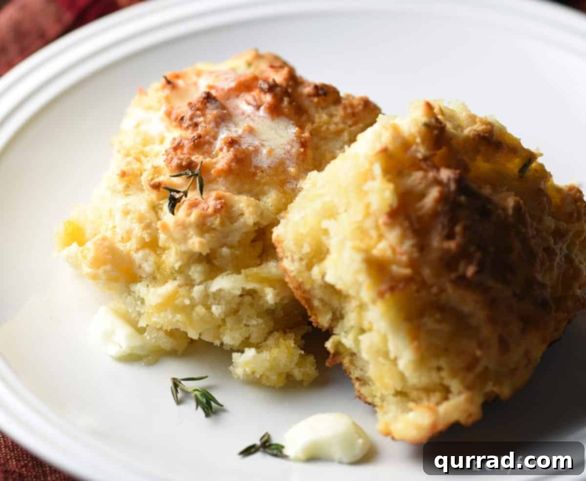 Sweet & Savory Apple-Cheddar Skillet Biscuits 5 Two freshly baked apple cheddar biscuits on a white plate, showcasing their inviting texture.