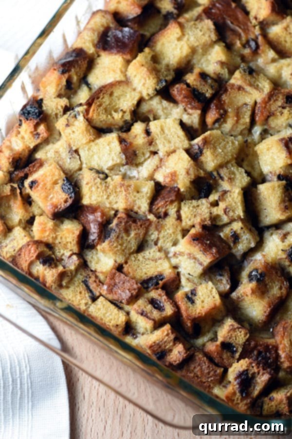 Simple Cinnamon-Raisin Bread Pudding – A Perfect Blend of Breakfast and Dessert Overhead picture of a golden brown cinnamon raisin bread pudding in a rustic casserole dish, ready to be served.