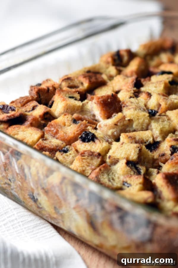 The secret to a perfect bread pudding starts with flavorful cinnamon raisin bread. Close-up shot of cinnamon raisin bread pudding in a square casserole dish, showing the moist interior and slightly crispy top.