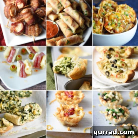 A collection of the best appetizer recipes – cheesy, salty, sweet, some for the meat lover and some vegetarian. All just the right bite! A stunning array of nine different appetizers, showcasing variety and deliciousness for any gathering.