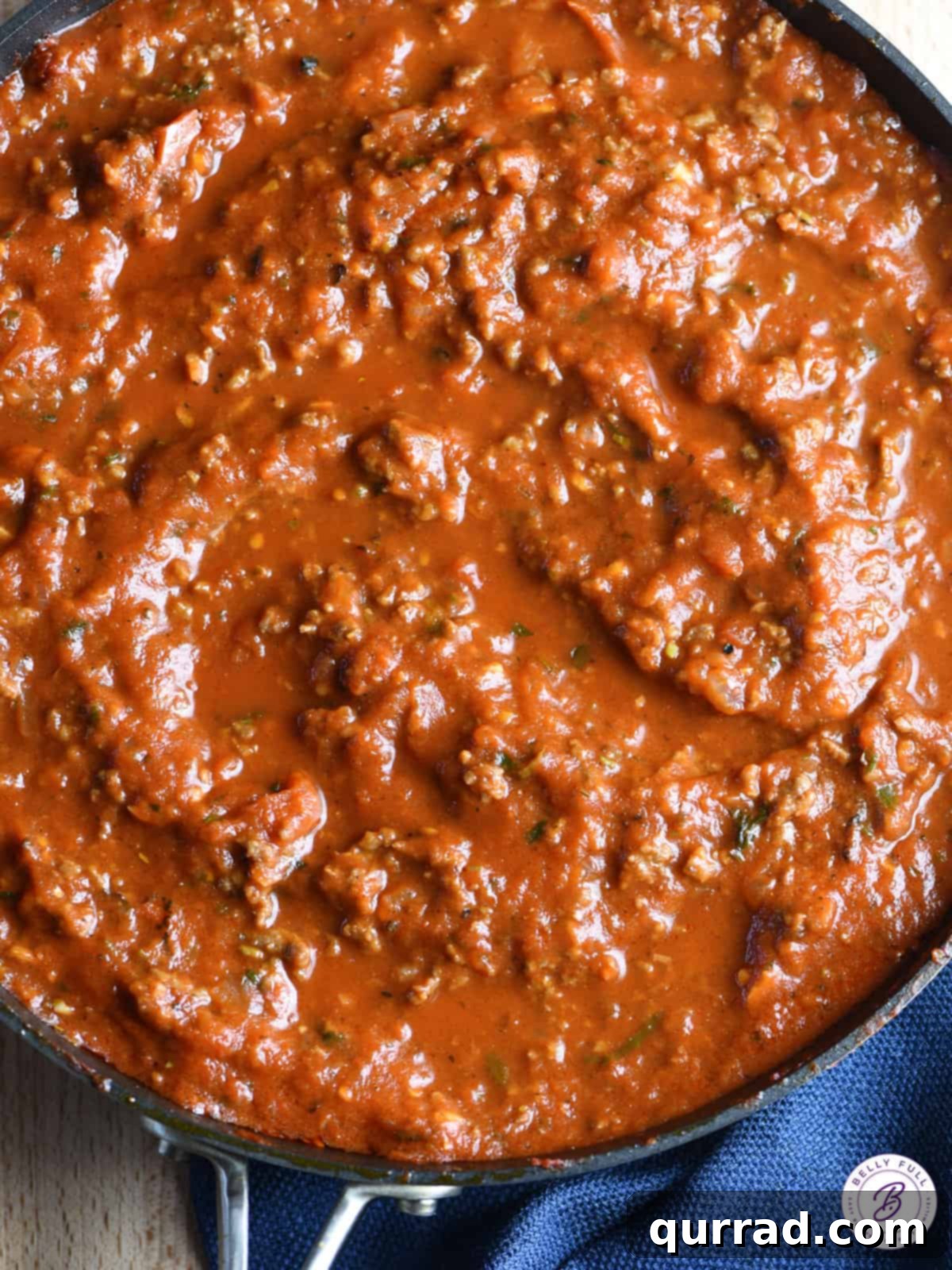 overhead pan of homemade spaghetti meat sauce