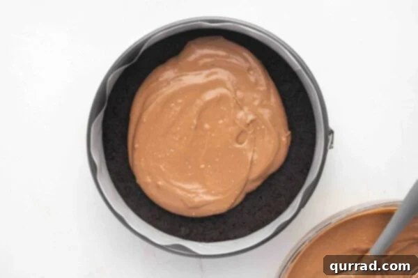 chocolate cheesecake batter being spread over Oreo cookie crust in springform pan