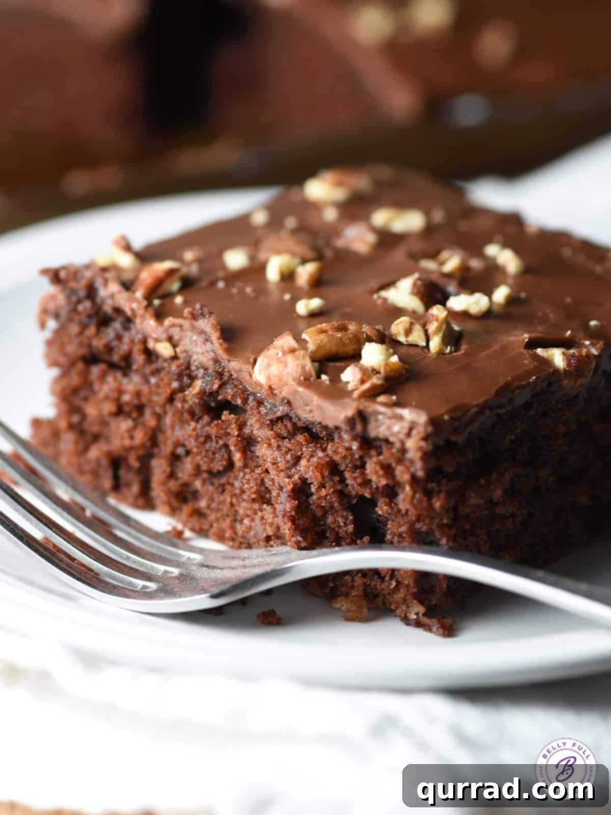 The Ultimate Texas Sheet Cake: A rich, fudgy, moist chocolate cake made with buttermilk, coated in warm chocolate icing and sprinkled with toasted pecans. Simply heavenly and easy to make! A square slice of rich, fudgy Texas Sheet Cake with warm chocolate frosting and toasted pecans on a white plate, ready to be enjoyed with a fork.