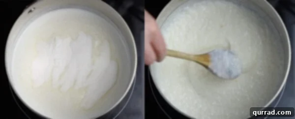 Sugar being stirred into the simmering tapioca and milk mixture to sweeten the pudding.
