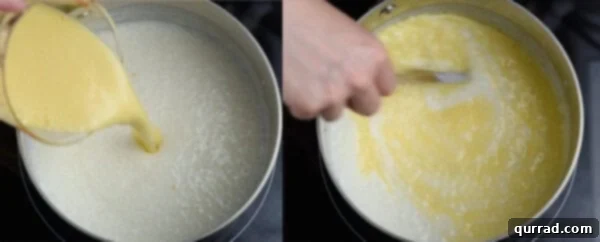 Tempered eggs being carefully poured into the tapioca pudding in the pot, stirring constantly.