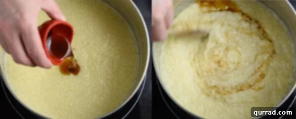 Vanilla extract being added and stirred into the cooled tapioca pudding.