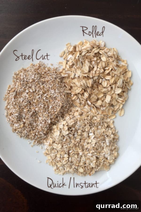 Visual guide showing different types of oats: whole oat groats, steel cut, rolled, and instant oats
