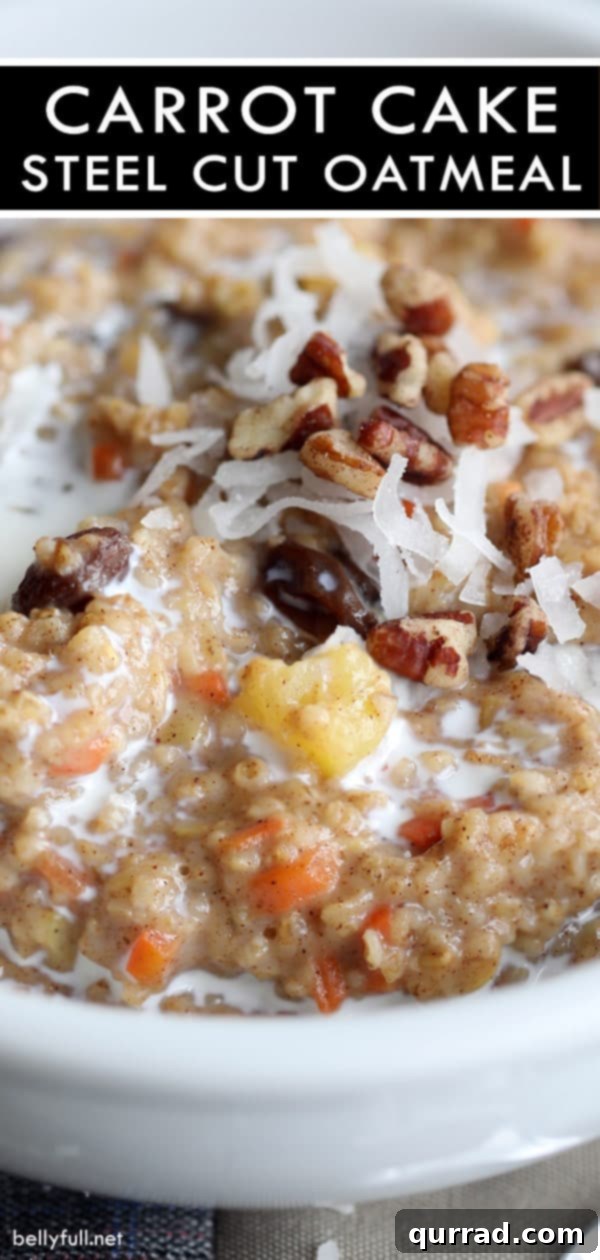 A vibrant bowl of Carrot Cake Steel Cut Oatmeal with all the fixings, highlighting its delicious and healthy appeal