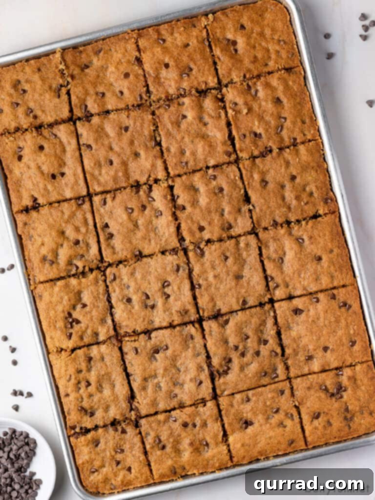 One-Pan Banana Dream 3 sliced banana cake with chocolate chips on a sheet pan