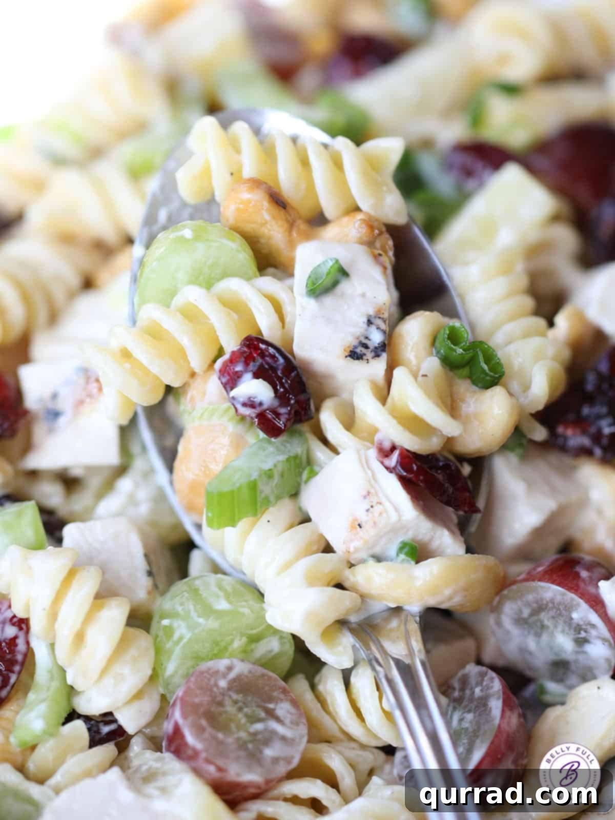 Hearty Cashew Chicken Pasta Medley 4 A serving spoon lifting a generous portion of creamy Cashew Chicken Pasta Salad, highlighting the rich texture and mix of ingredients.