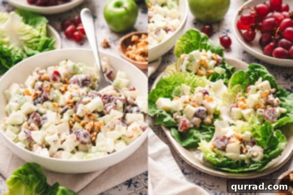 creamy Waldorf salad in bowl with spoon and on lettuce leaves