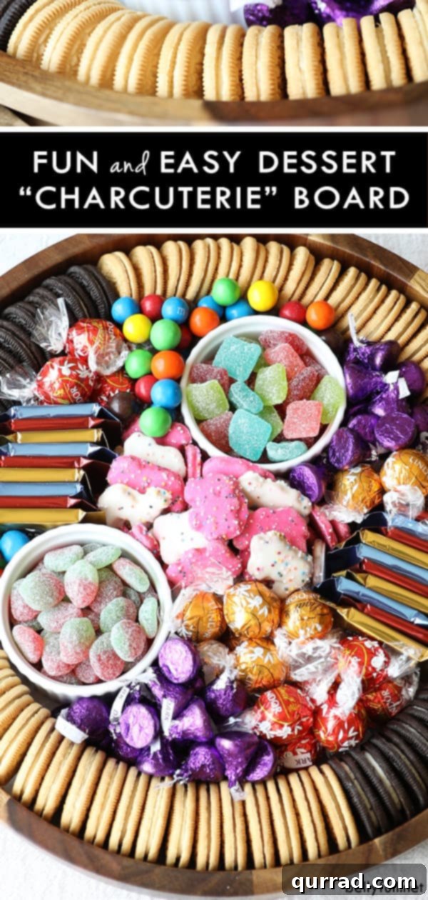 A large, inviting Dessert Charcuterie Board showcasing a delightful variety of sweets for guests to enjoy. A comprehensive Dessert Charcuterie Board filled with a vibrant assortment of cookies, chocolates, and candies, perfect for any occasion