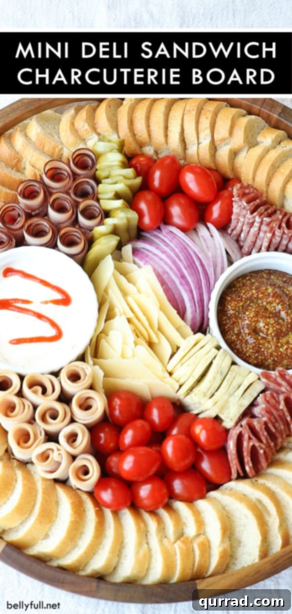 The ultimate Mini Deli Sandwich Charcuterie Board for stress-free entertaining #CharcuterieBoard #PartyFood #SummerGathering Final presentation of a Mini Deli Sandwich Charcuterie Board