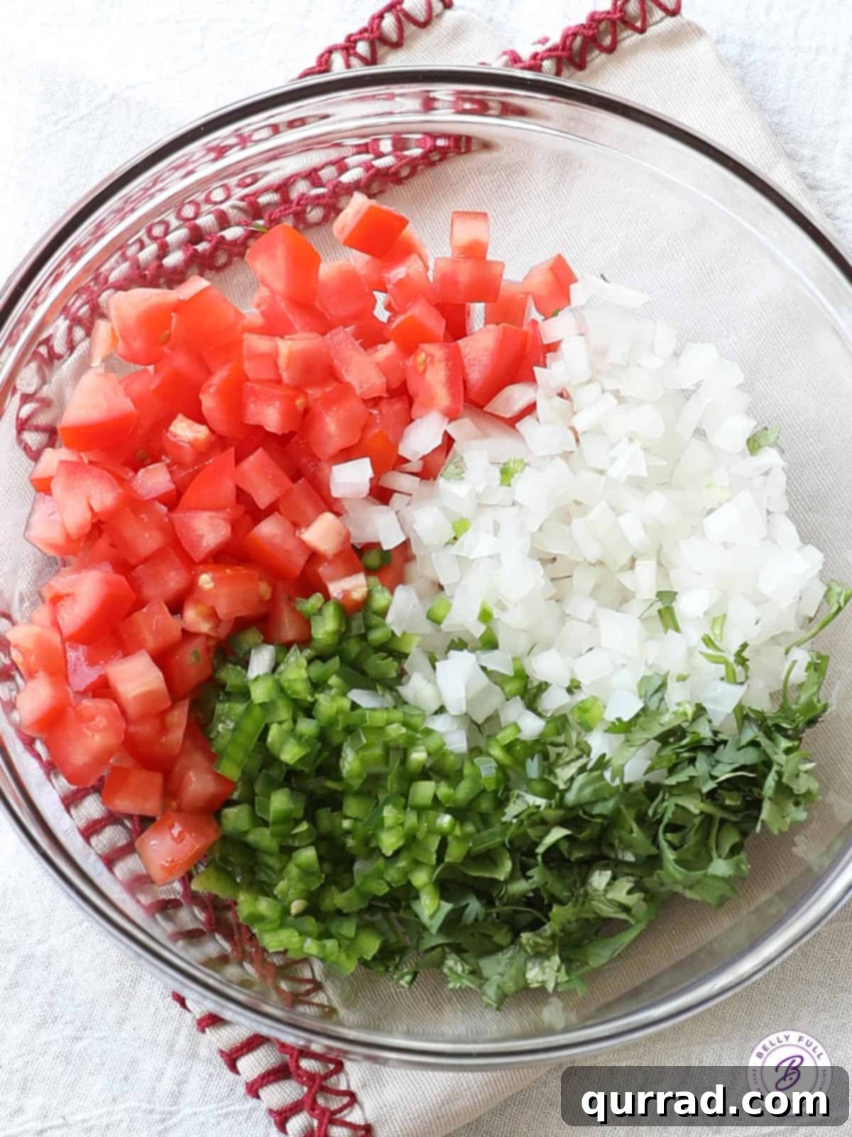 Fresh Tomato Salsa 3 Diced tomatoes, onion, jalapenos, and cilantro in a bowl, ready to be mixed for Pico de Gallo