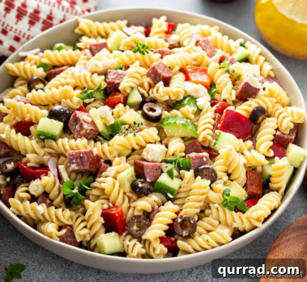 Aegean Pasta Salad 4 Pasta Salad in white serving bowl, ready to be served