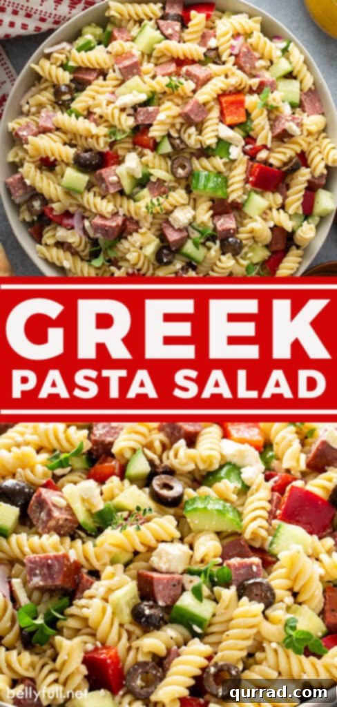 Aegean Pasta Salad 5 Pin graphic for Greek Pasta Salad Recipe, featuring the salad in a serving bowl