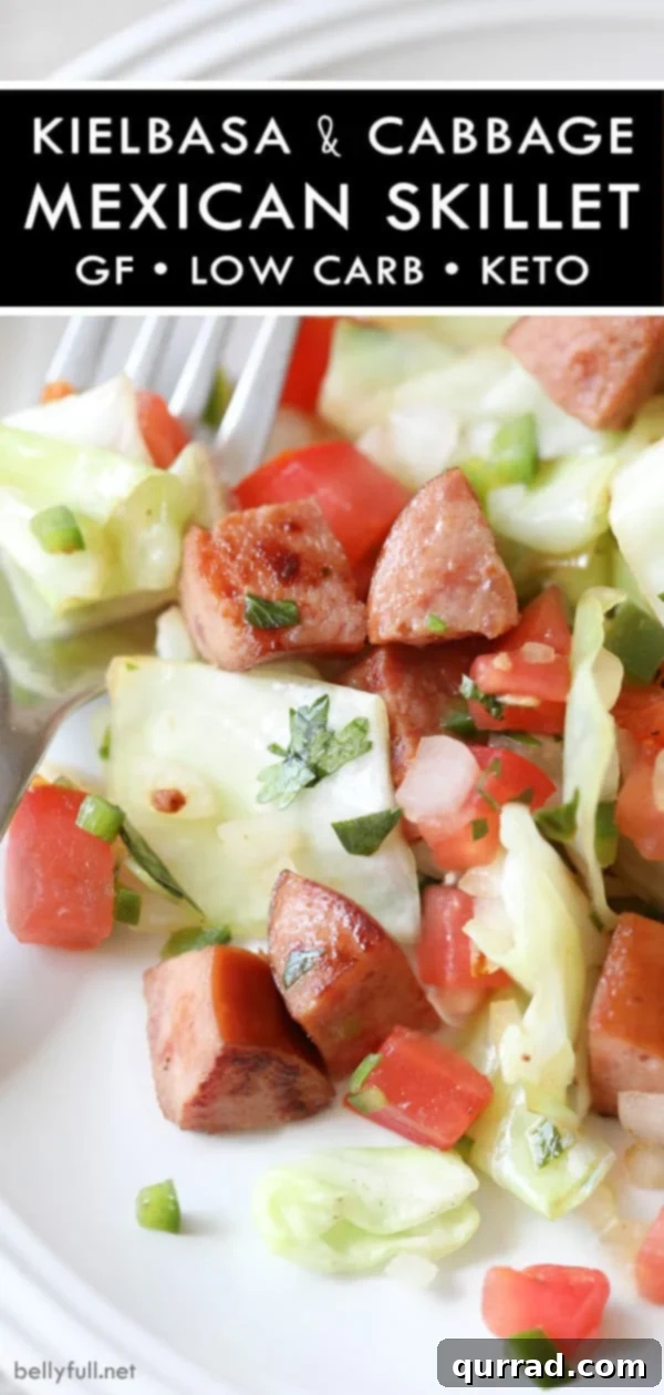 A stunning image of the Mexican Kielbasa and Cabbage Skillet, a perfect example of a fast, flavorful, and healthy one-pan dinner. The finished Mexican Kielbasa and Cabbage Skillet, garnished and ready to serve
