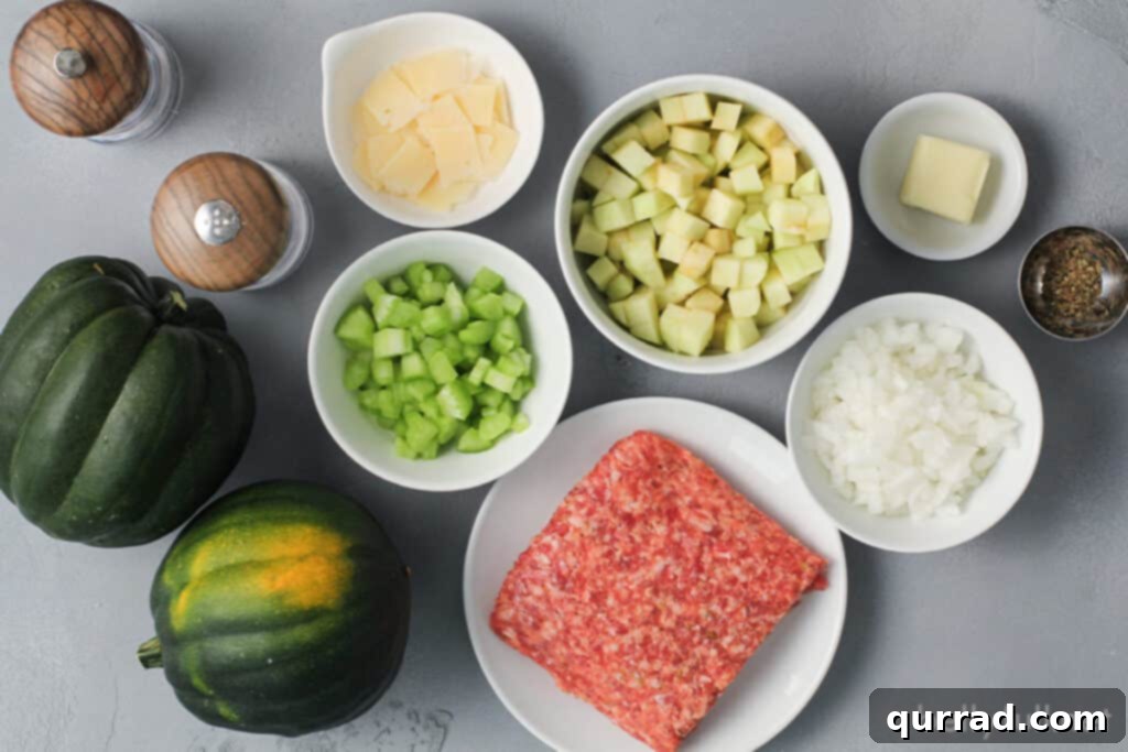 Autumn Sausage Stuffed Squash Boats 3 ingredients for sausage and apple mixture