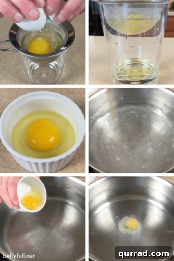 Visual guide demonstrating the steps for preparing eggs before poaching, including sieving