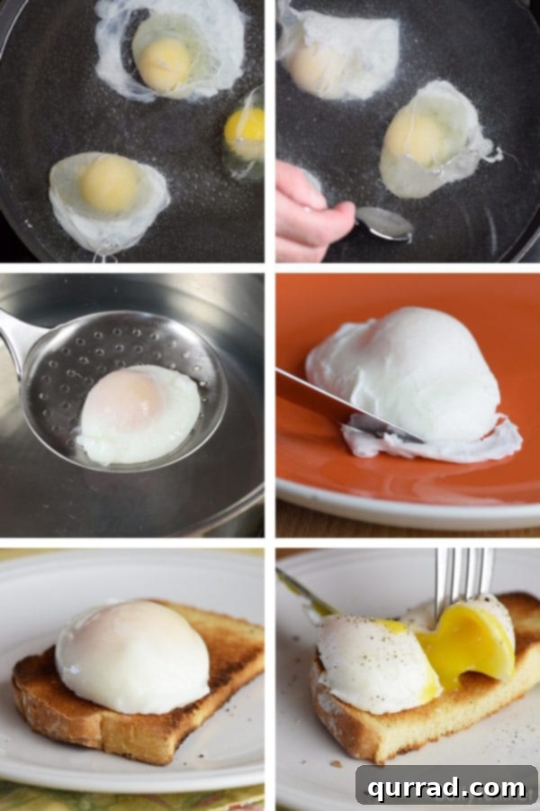 Step-by-step images showing eggs being gently lowered into simmering water for poaching
