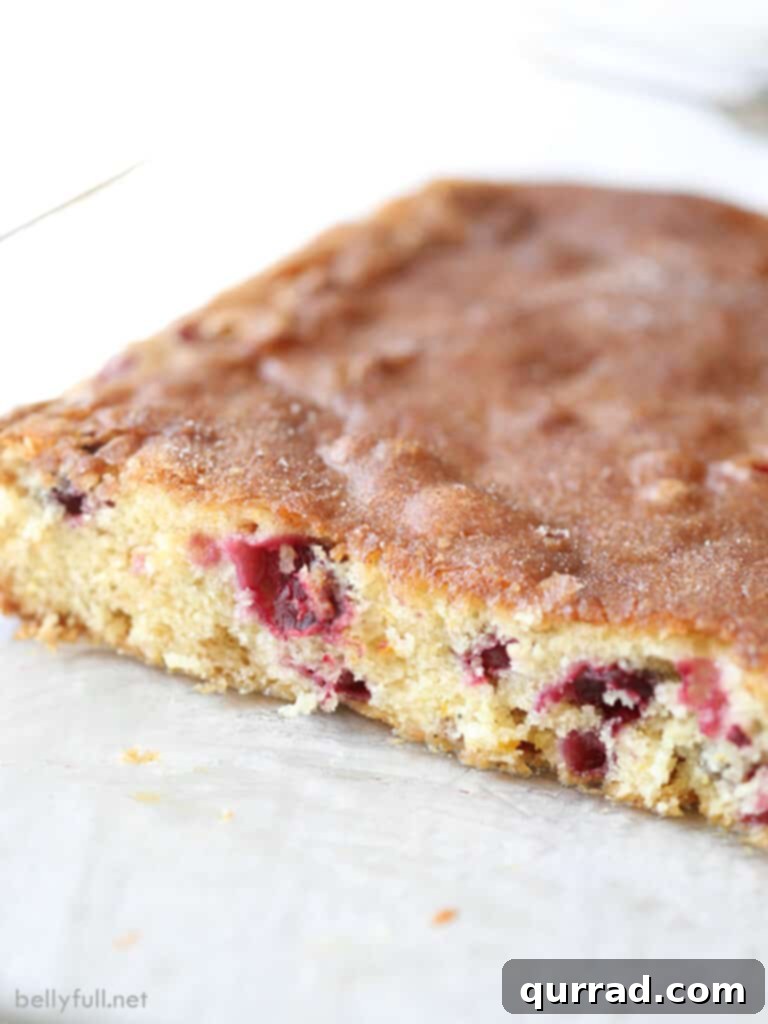 A deep baking dish containing a freshly baked and sliced cranberry cinnamon coffee cake. The image highlights the cake's beautifully browned crust, the moist interior, and the even distribution of vivid cranberries within each slice.