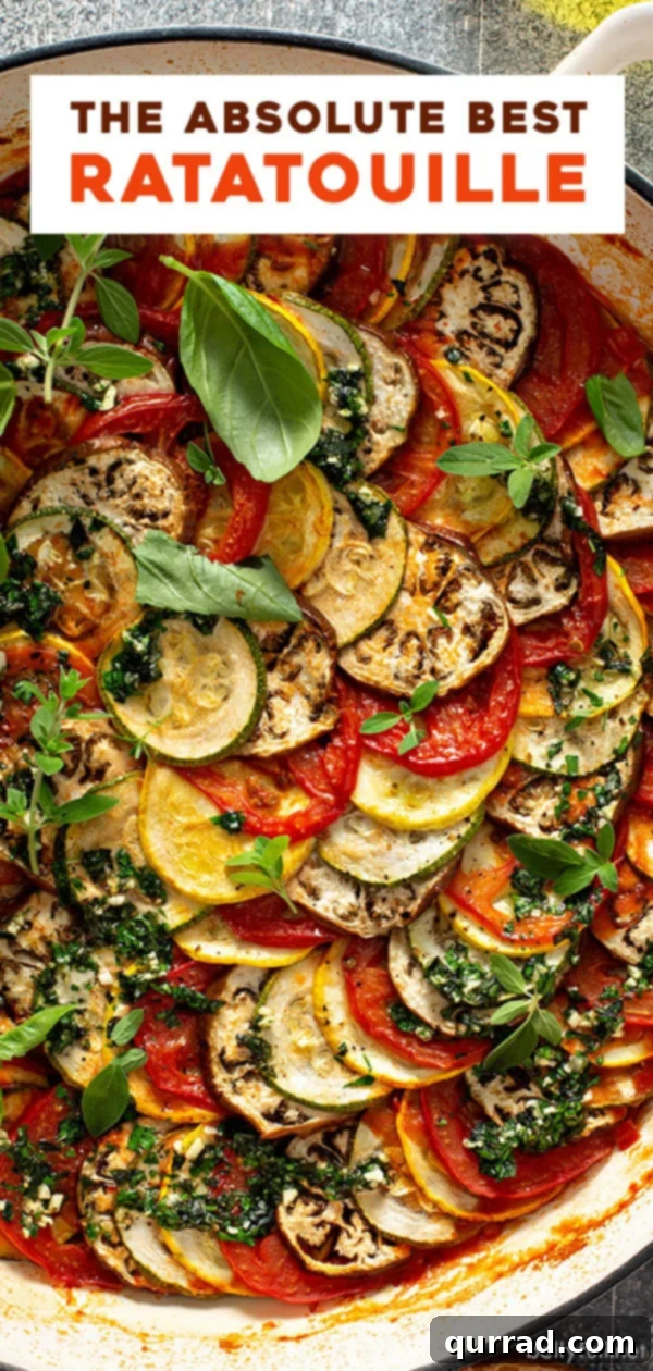 Provencal Ratatouille Delight 7 Pinterest pin image for Ratatouille recipe, showing the spiraled vegetable dish
