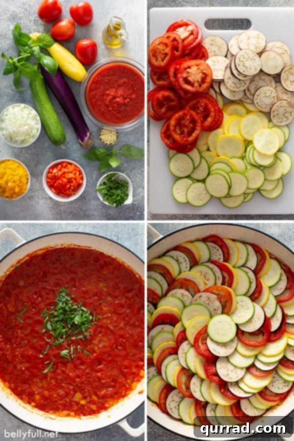 Provencal Ratatouille Delight 4 Collage of four pictures showing fresh Ratatouille ingredients: eggplant, zucchini, bell peppers, and tomatoes