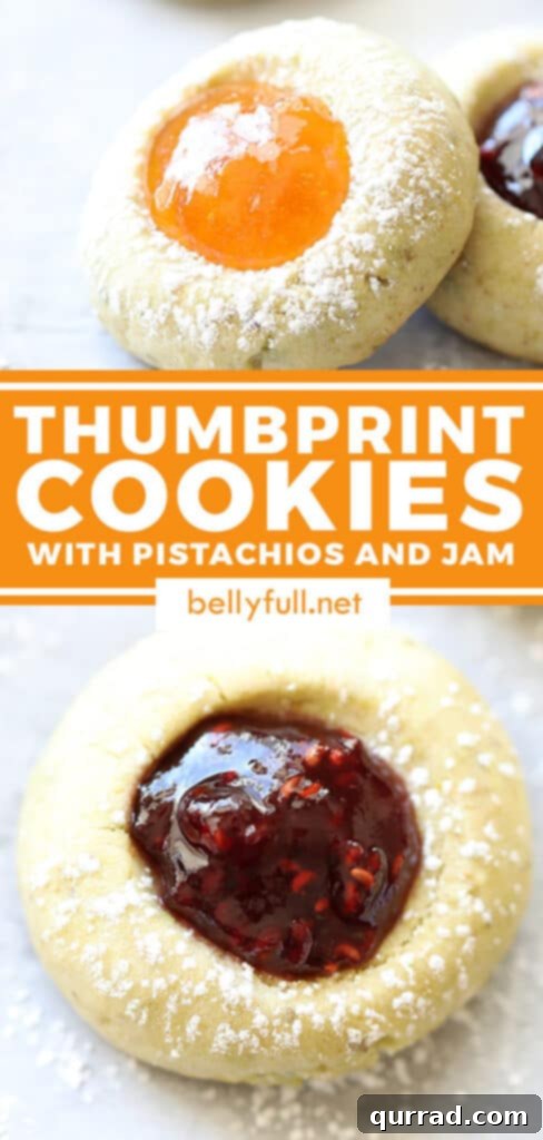 These Thumbprint Cookies are buttery shortbread, filled with your favorite jam and topped with powdered sugar. Perfect for the holidays or anytime! 2 image pin for thumbprint cookies recipe