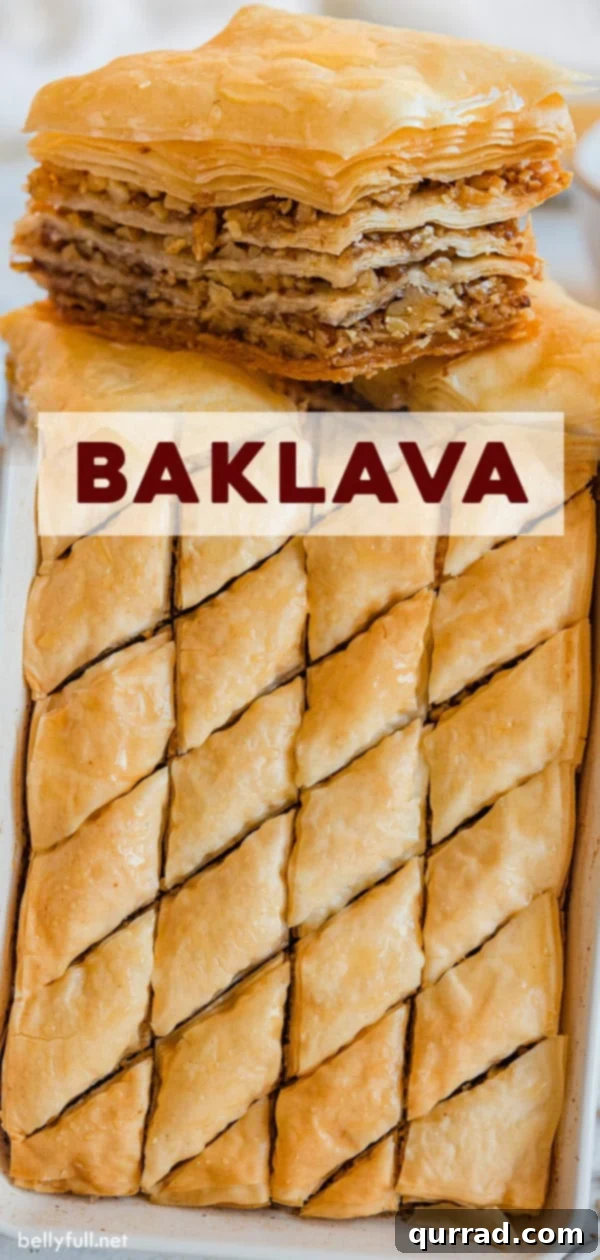 Pin this Baklava recipe for later: A classic sweet treat with phyllo, walnuts, and honey syrup. Pinterest pin graphic for an authentic Baklava recipe, showing the golden dessert with a honey drizzle.