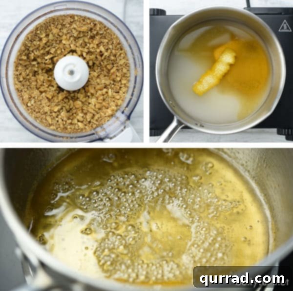Prepped cinnamon-walnut filling and sweet honey syrup for Baklava. Close-up of finely chopped walnuts mixed with cinnamon and cardamom, alongside a bowl of golden honey syrup, ready for Baklava assembly.