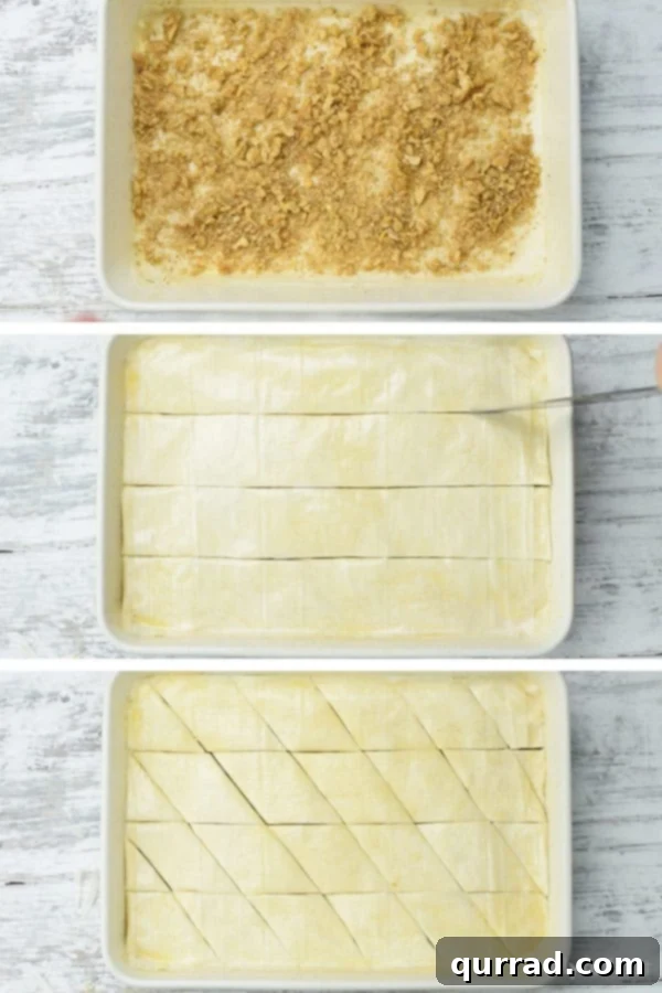 Visual guide to layering phyllo and nuts for homemade Baklava. Step-by-step photos illustrating the layering process of Baklava phyllo dough and walnut filling in a baking dish.